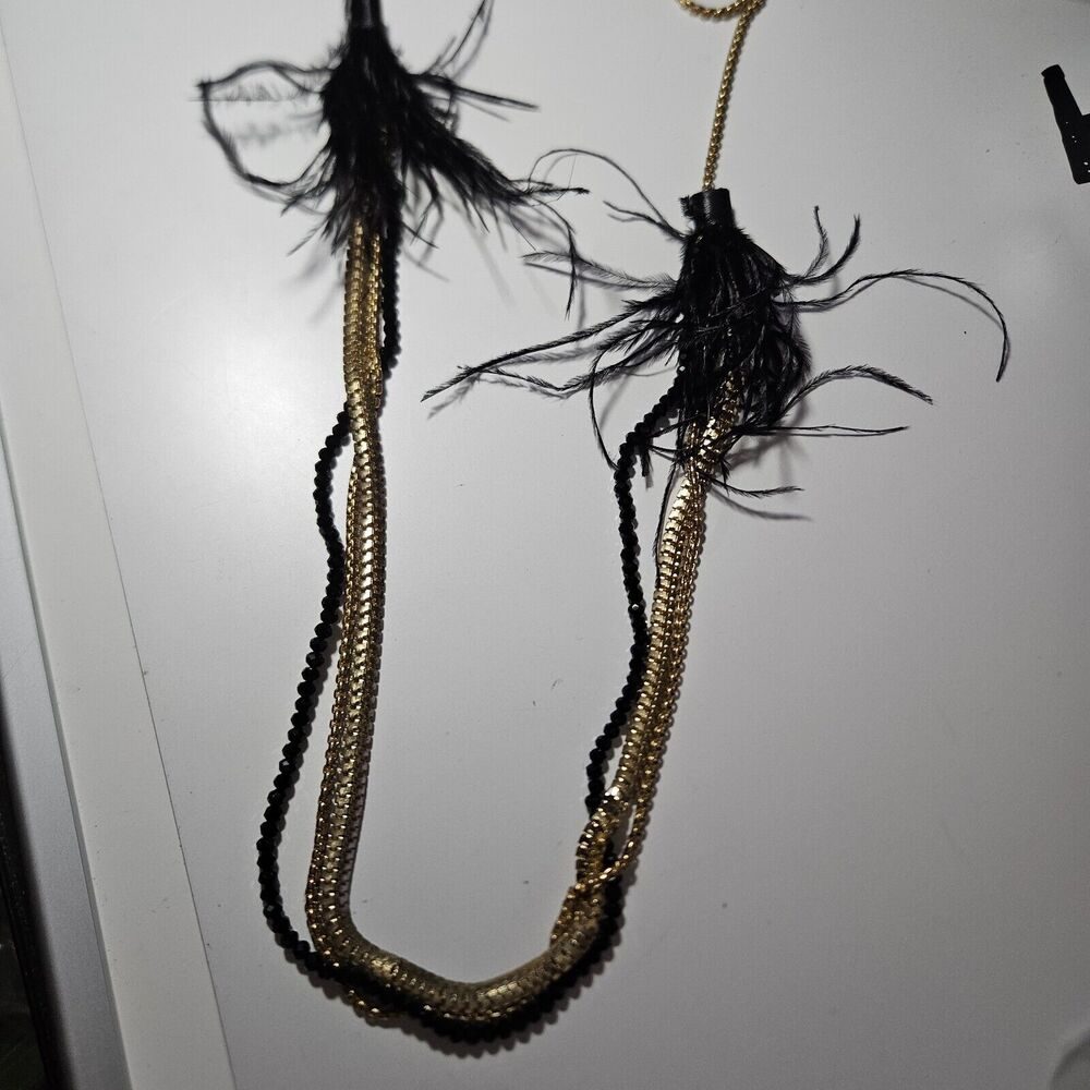 New York & Company Long Gold Tone And Black Feather Layered Necklace 36"